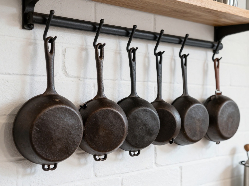 Mismatched Black Iron Hooks With Heavy Skillets