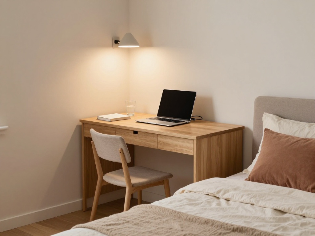 Small Bedroom With A Desk That Doubles As A Nightstand