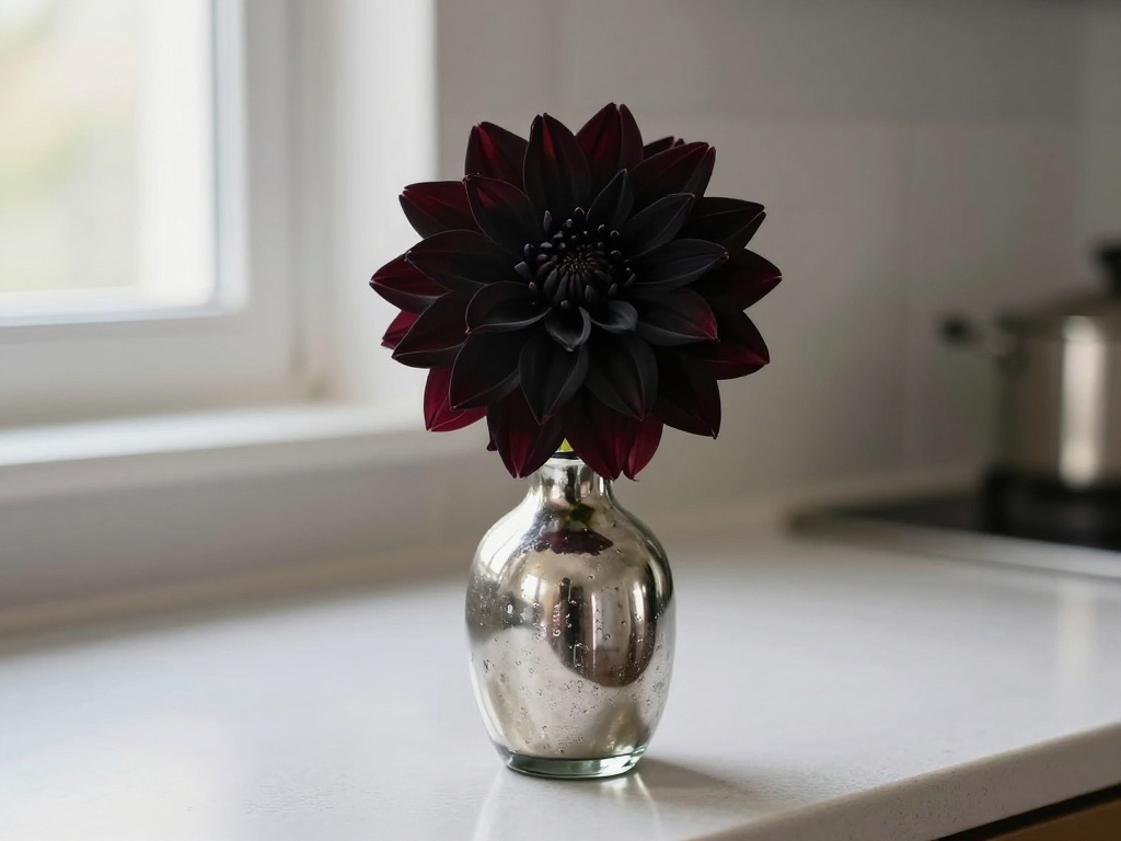Single Black Dahlia In A Mercury Glass Vase