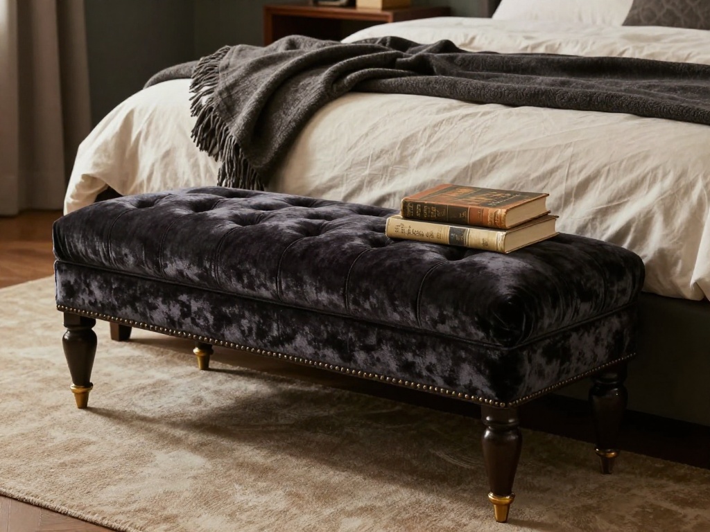 Dark Upholstered Bench At The Foot Of The Bed
