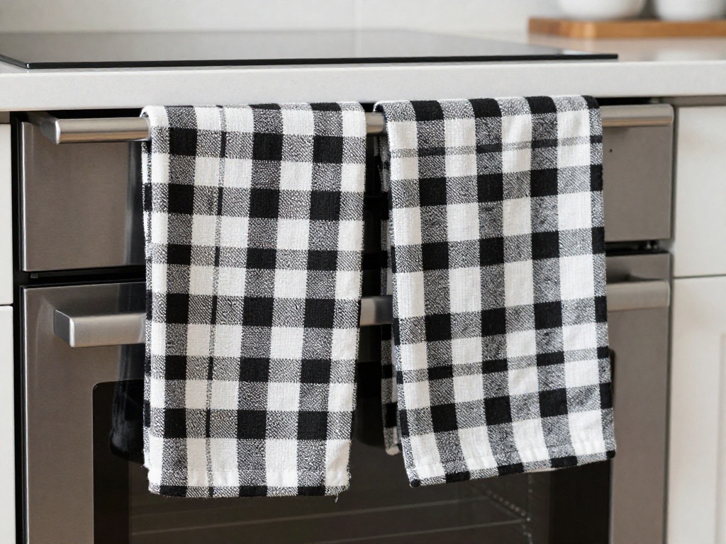 Black And White Checkered Dishtowels On The Oven Handle