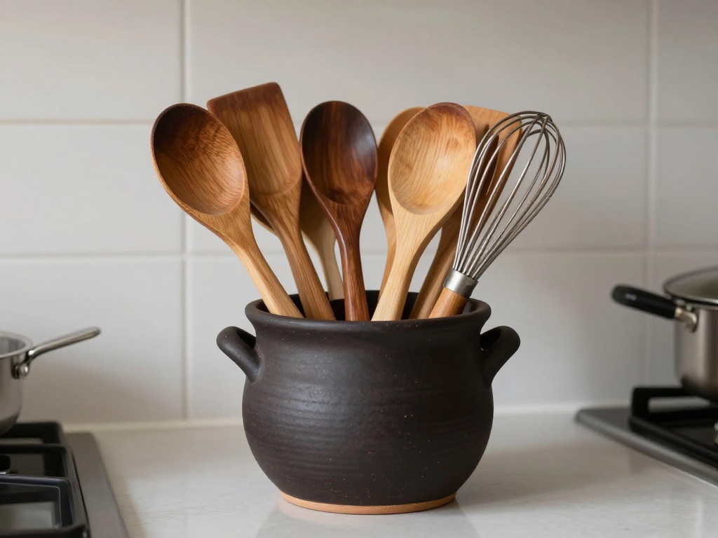 Wooden Spoon Collection In A Dark Stoneware Crock