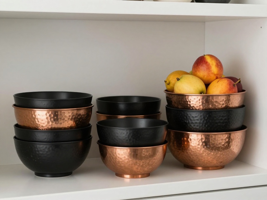 Black And Copper Mixing Bowls Stacked On The Counter