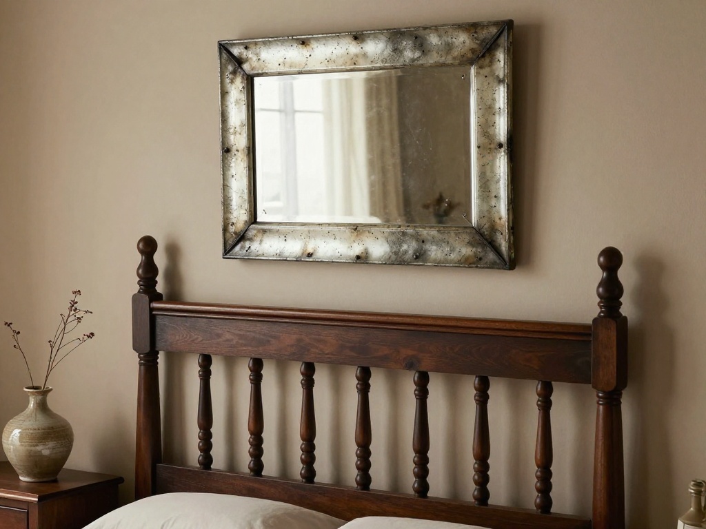 Antique Mirror Above A Carved Headboard