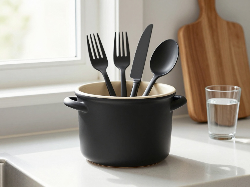 Black Matte Flatware In A Ceramic Holder