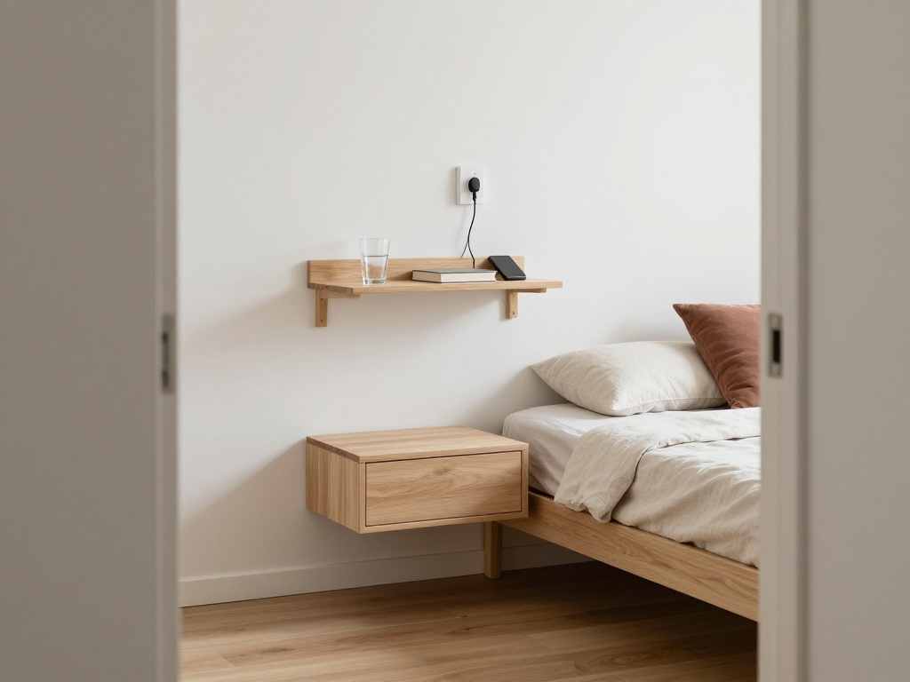 Small Bedroom With A Wall-Mounted Bedside Shelf