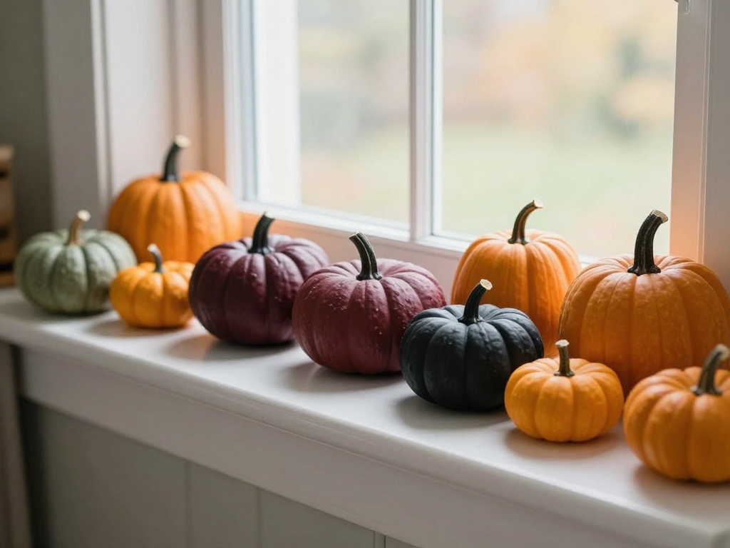 Hand-Painted Mini Pumpkins On The Windowsill