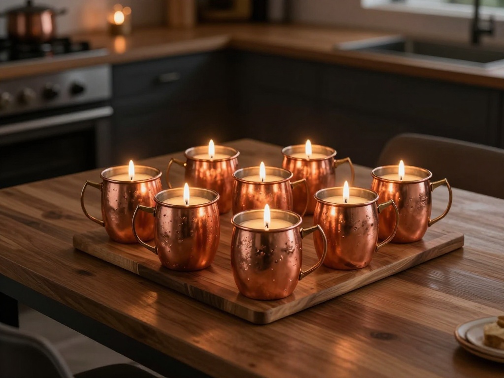 Copper Mugs With Candle Wicks For A Glowing Centerpiece