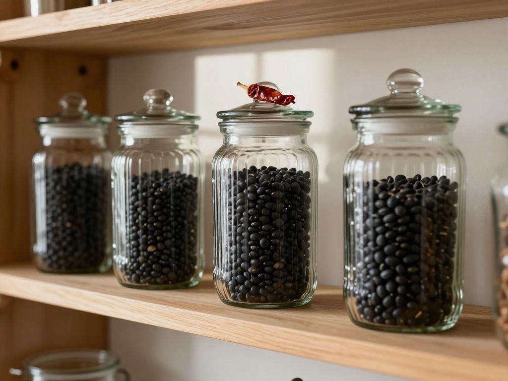 Vintage Glass Apothecary Jars Filled With Black Beans
