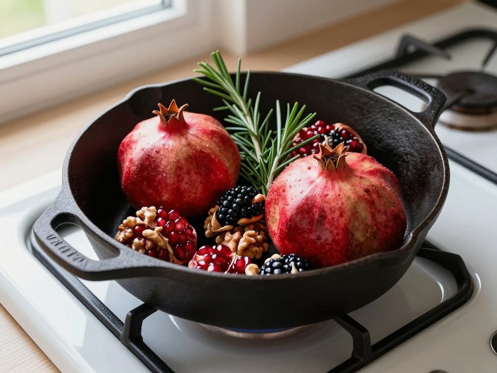 Cast Iron Skillet With Pomegranates And Rosemary
