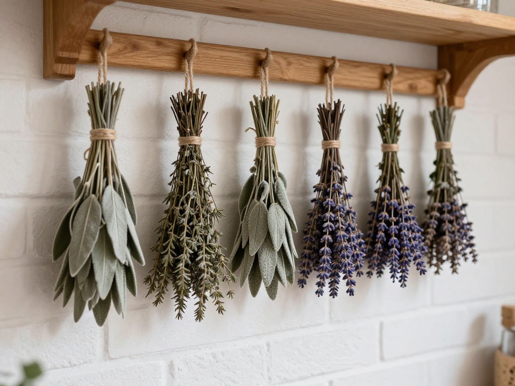 Hanging Dried Herbs On A Wooden Rack