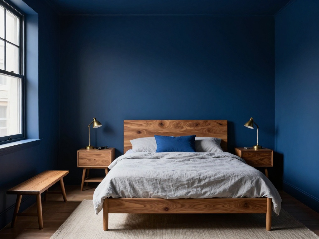 Moody Blue Bedroom Balanced With Warm Wood