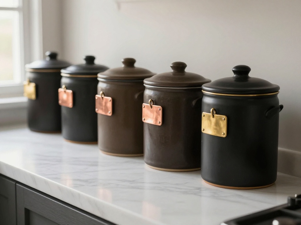 Dark Ceramic Canisters With Copper Labels