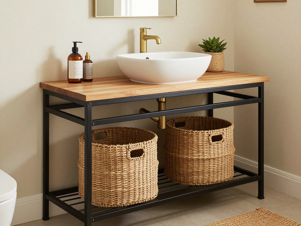 Open-Frame Vanity With Basket Storage